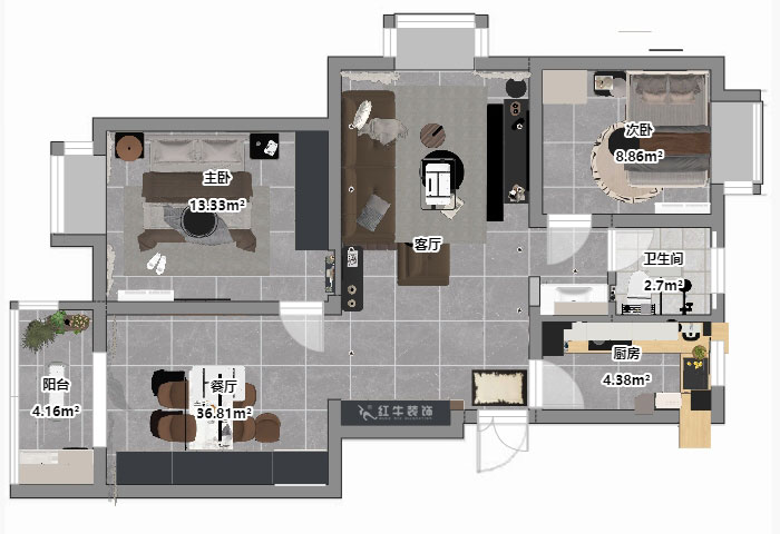 仇美蓉｜新建雅苑9-4-208-80㎡-简约风格｜3室2厅1卫｜老房装修｜定制家｜全包10万｜00_03平面彩图